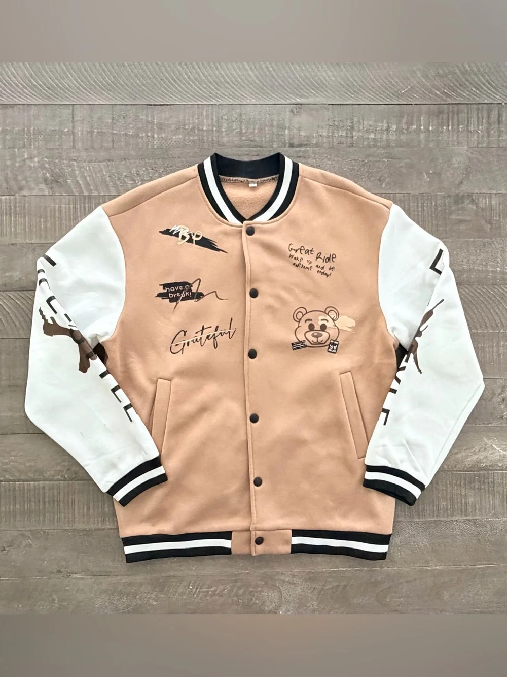 Men's Tan and White Graphic Varsity Jacket - Size M